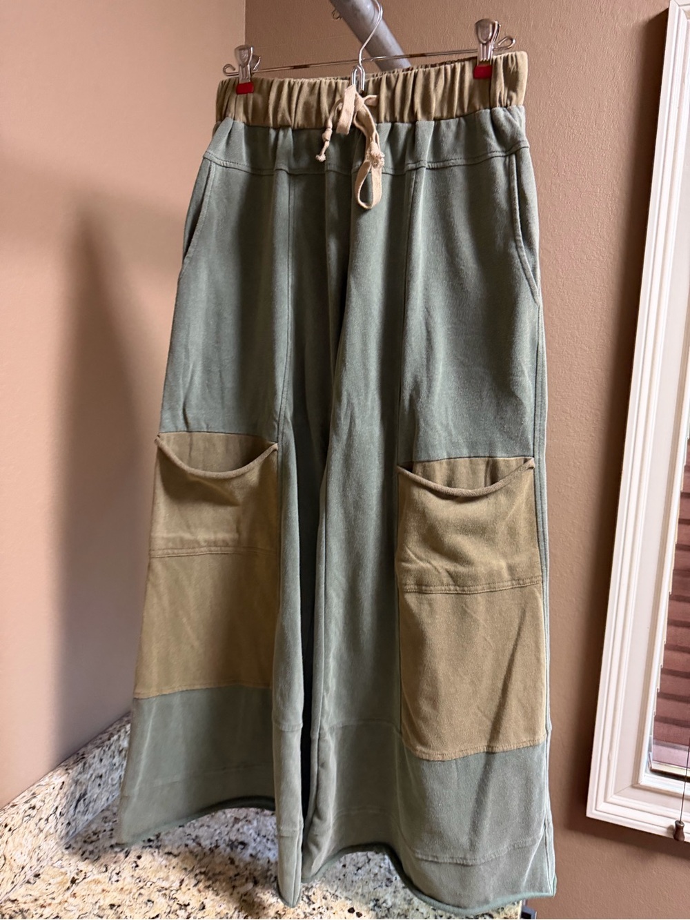 Wide Leg Women’s  Cargo Lounge Pants in Sage and Tan